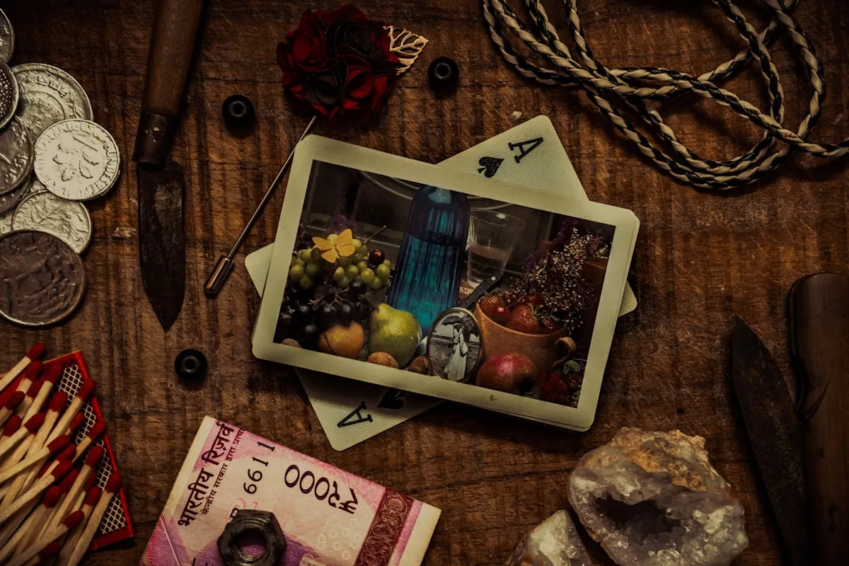 Wooden table with various historical trade items representing early commodity exchange