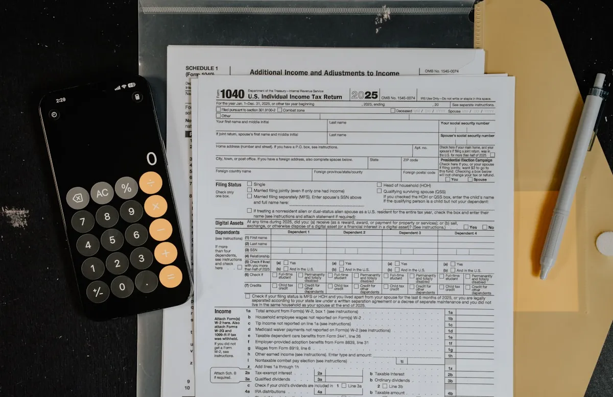 Tax forms and calculator on a desk, representing the tax planning and documentation essential for gold investors